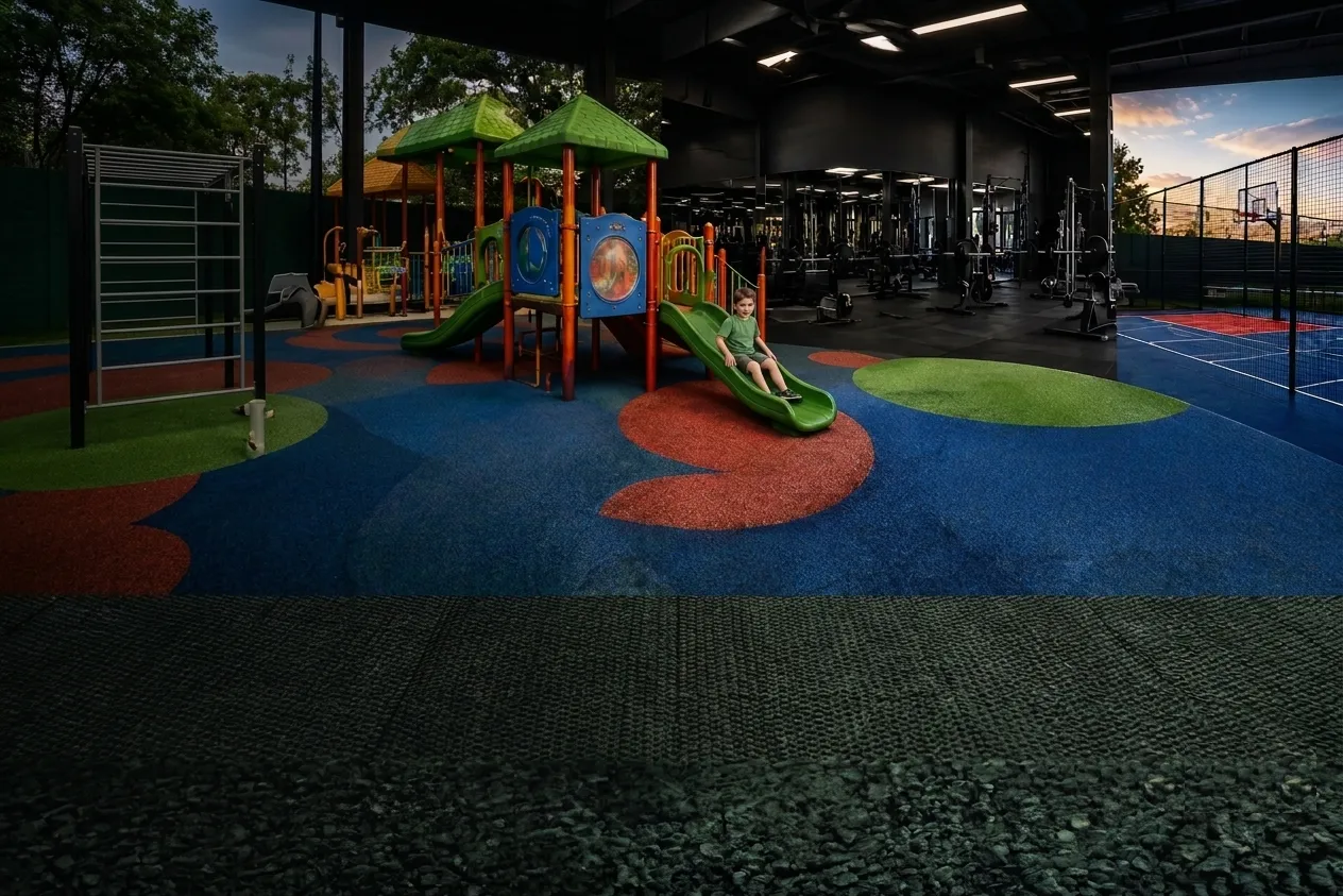 Playground, gym and sports court with colourful rubber flooring installed