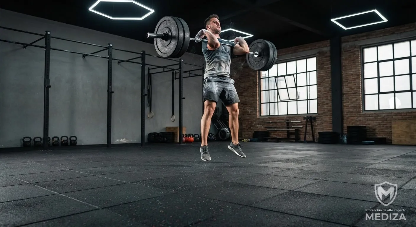 Athlete lifting a loaded barbell on black rubber flooring