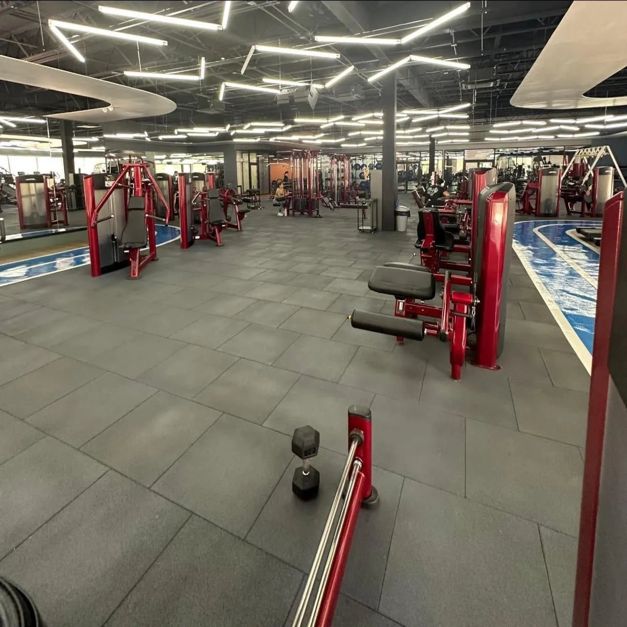 Large gym with strength machines on gray rubber tile