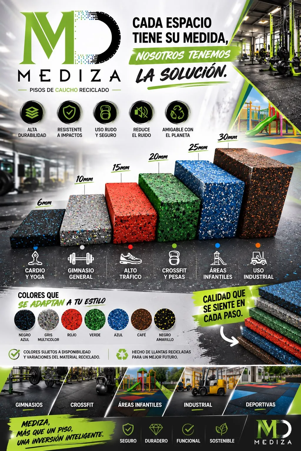 Mediza infographic with thicknesses from 6 to 30 mm and available colors (in Spanish)