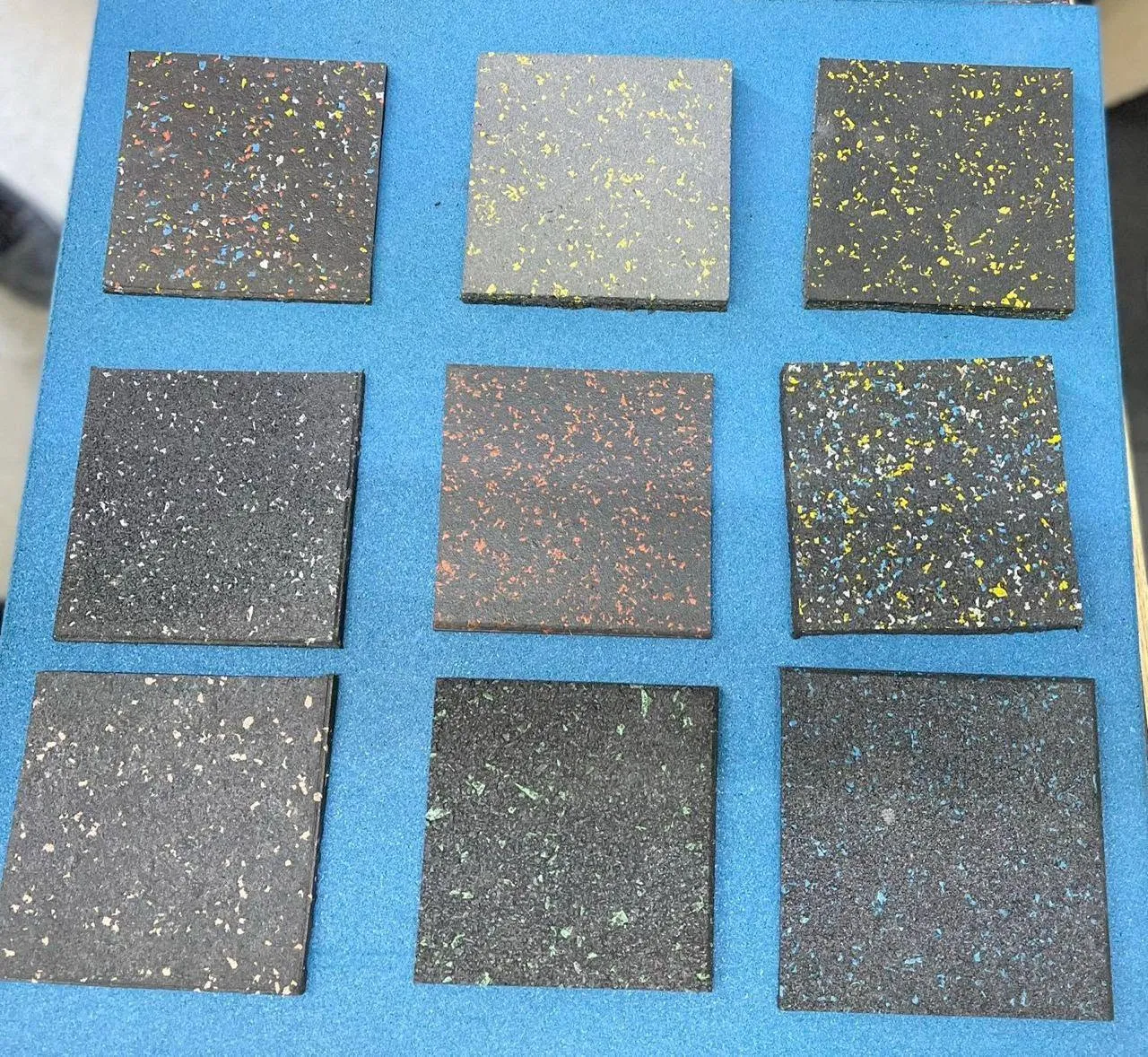 Rubber tile samples in different densities and colours