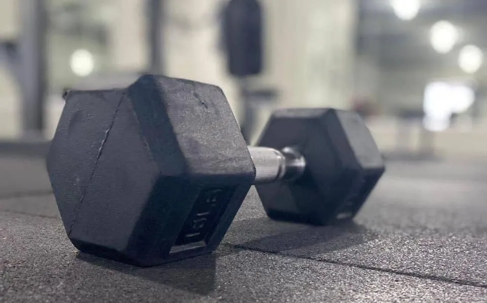 Dumbbell resting on rubber tile